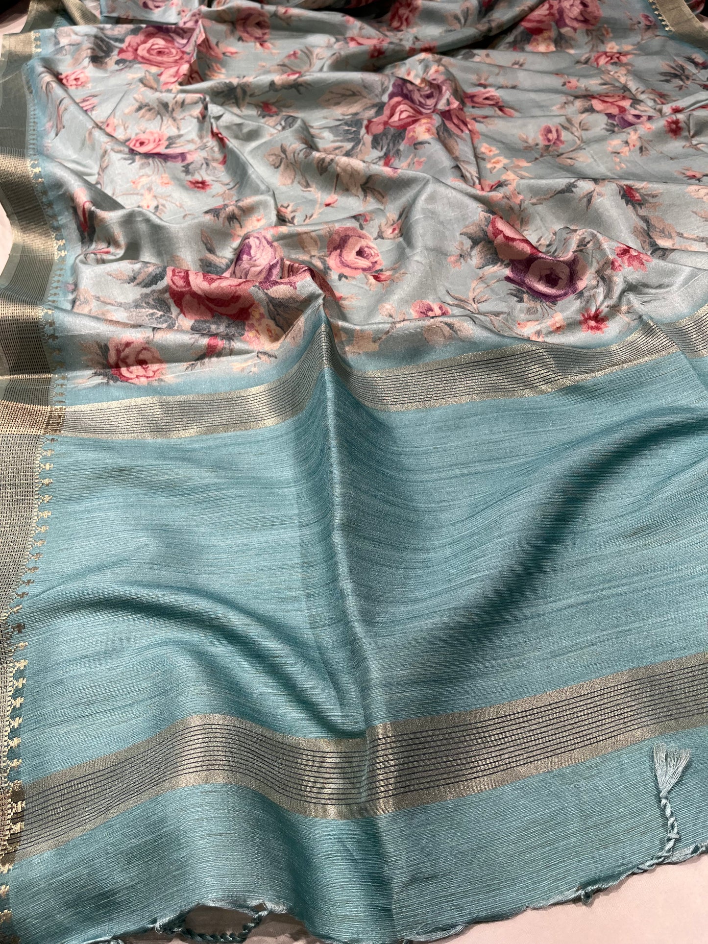 AQUA COLOR SEMI TUSSAR SILK PRINTED SAREE WITH ZARI BORDER