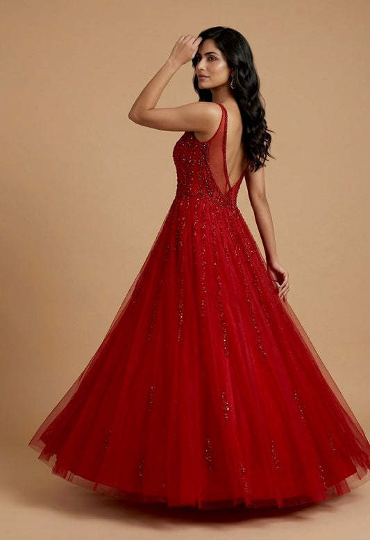 RED COLOUR HAND EMBROIDERED NET BALL GOWN EMBELLISHED WITH SEQUINS, CUTDANA & BEADS WORK - Kothari Sons