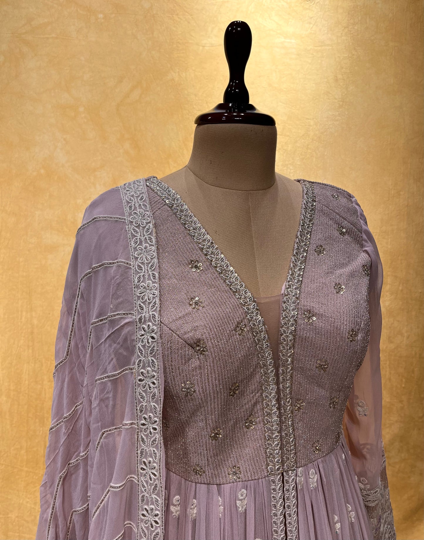 LAVENDER COLOR GEORGETTE ANRKALI STYLE INDOWESTERN DRESS EMBELLISHED WITH THREAD & SEQUINS WORK