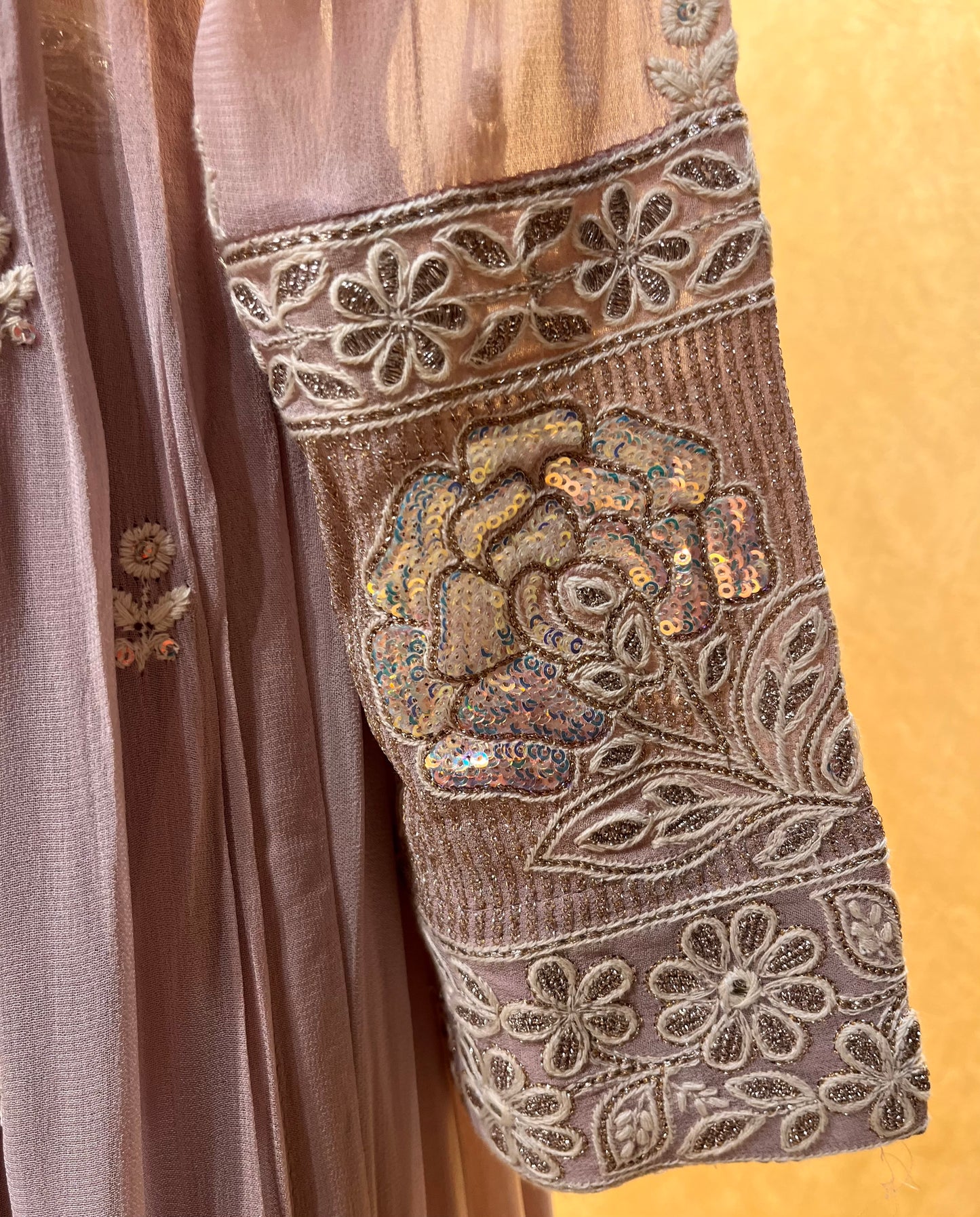 LAVENDER COLOR GEORGETTE ANRKALI STYLE INDOWESTERN DRESS EMBELLISHED WITH THREAD & SEQUINS WORK