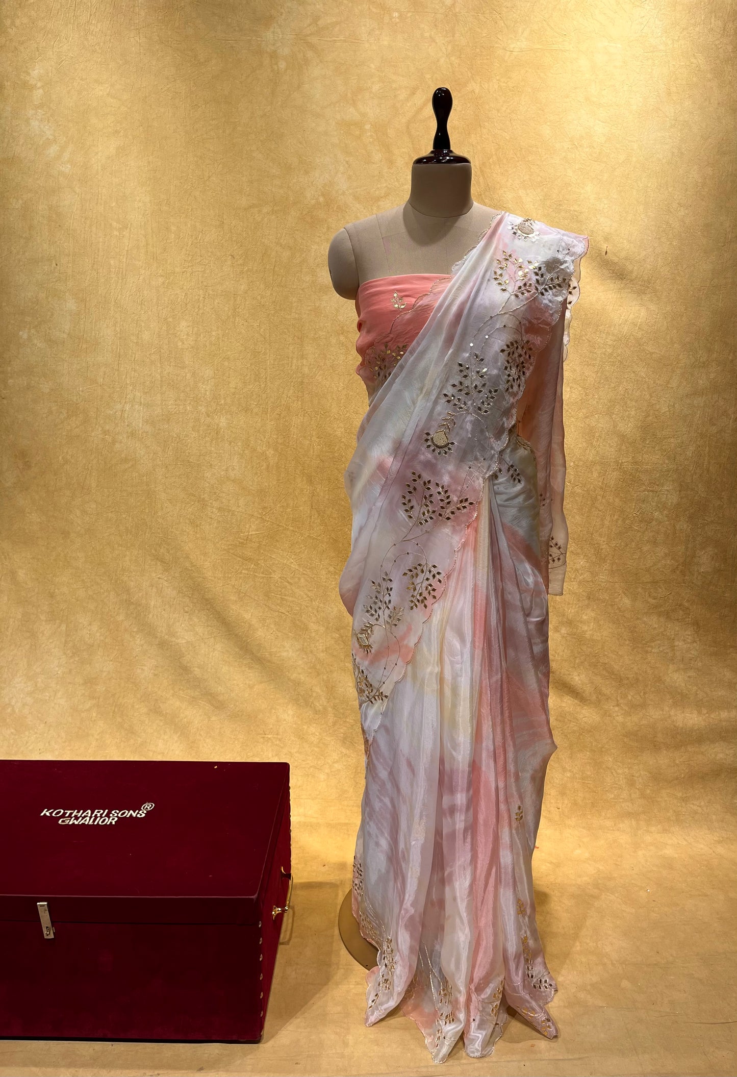 ( DELIVERY IN 25 DAYS ) OMBRE DYE ORGANZA EMBROIDERED SAREE EMBELLISHED WITH GOTA PATTI & PEARL WORK