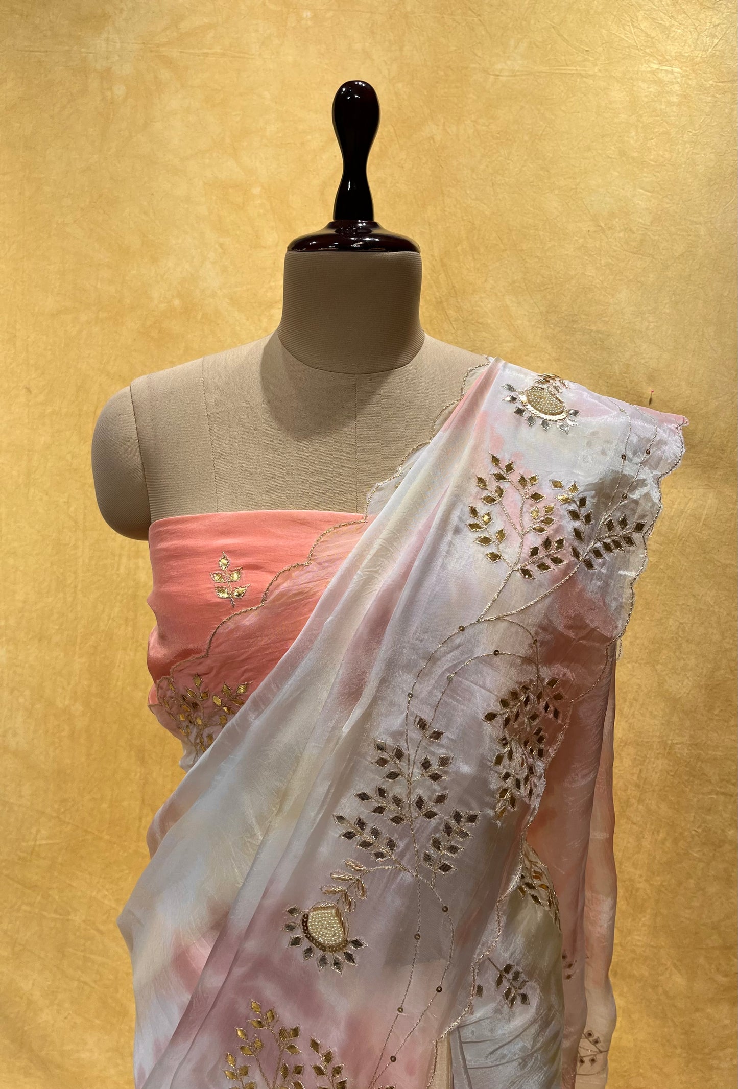 ( DELIVERY IN 25 DAYS ) OMBRE DYE ORGANZA EMBROIDERED SAREE EMBELLISHED WITH GOTA PATTI & PEARL WORK