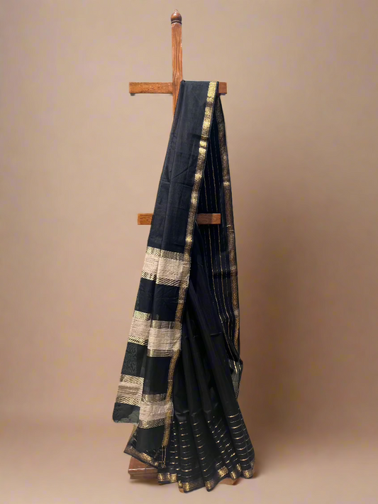 BLACK MAHESHWARI SAREE WITH ZARI BORDER