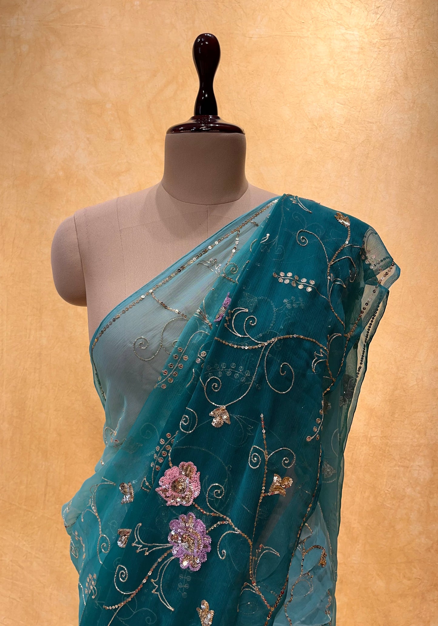 TEAL BLUE SHADED PURE CHIFFON HAND EMBROIDERED SAREE EMBELLISHED WITH SEQUINS & CUTDANA WORK