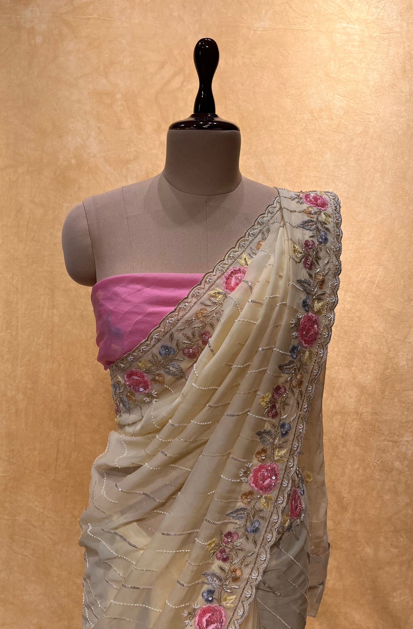 ( DELIVERY IN 25 DAYS ) LEMON COLOUR ORGANZA HAND EMBROIDERED SAREE EMBELLISHED WITH CUTDANA, SEQUINS & PEARL WORK
