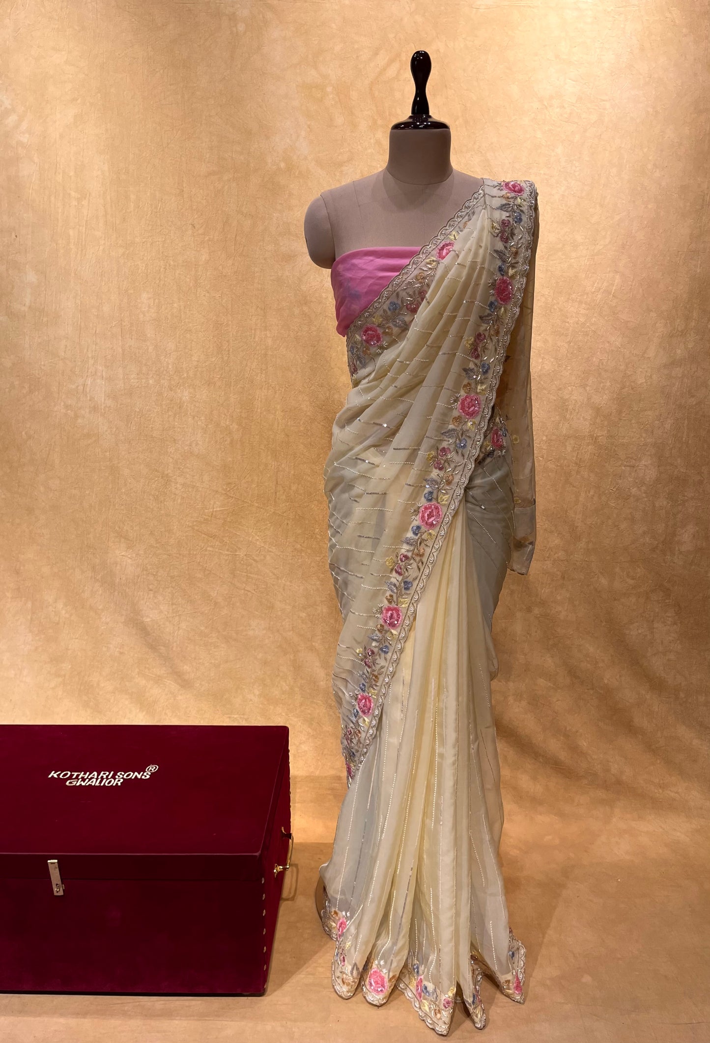 ( DELIVERY IN 25 DAYS ) LEMON COLOUR ORGANZA HAND EMBROIDERED SAREE EMBELLISHED WITH CUTDANA, SEQUINS & PEARL WORK