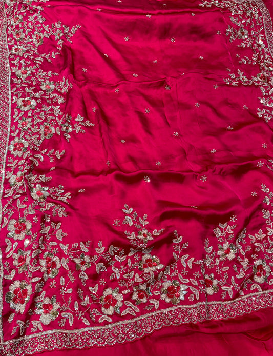 HOT PINK SATIN SILK EMBROIDERED SAREE EMBELLISHED WITH SEQUINS & CUTDANA WORK - Kothari Sons