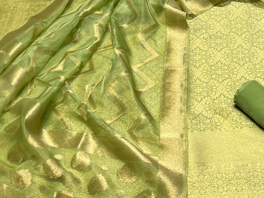 PISTA GREEN BANARASI BROCADE UNSTITCHED SUIT WITH ORGANZA DUPATTA & CREPE BOTTOM