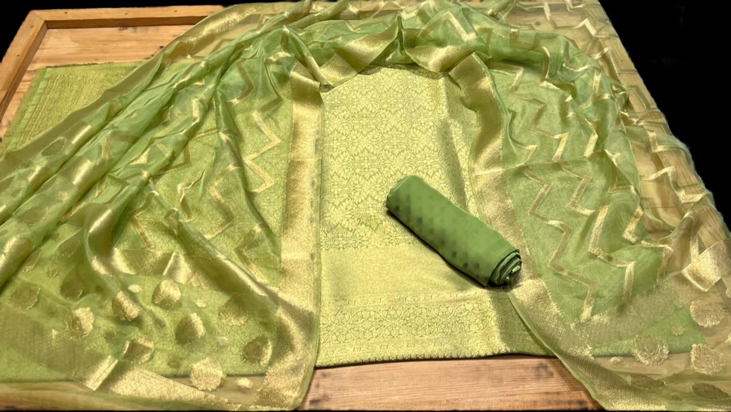PISTA GREEN BANARASI BROCADE UNSTITCHED SUIT WITH ORGANZA DUPATTA & CREPE BOTTOM