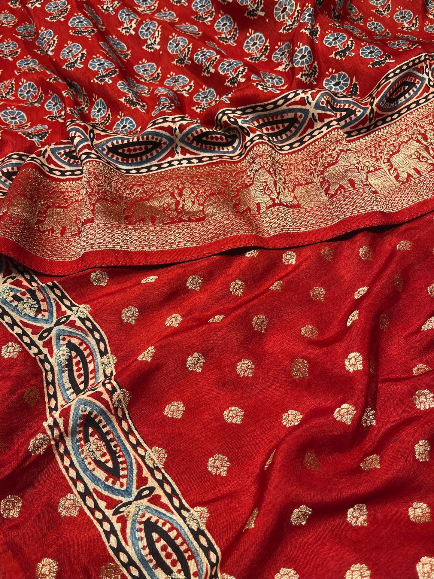 RUST COLOUR MODAL SILK AJRAKH PRINT SAREE ZARI PALLU & BORDER