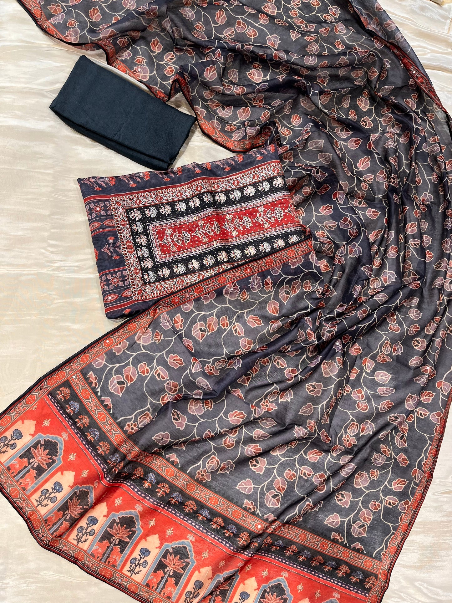 BLACK COLOR CHANDERI EMBROIDERED UNSTITCHED SUIT EMBELLISHED WITH ZARI & SEQUINS WORK