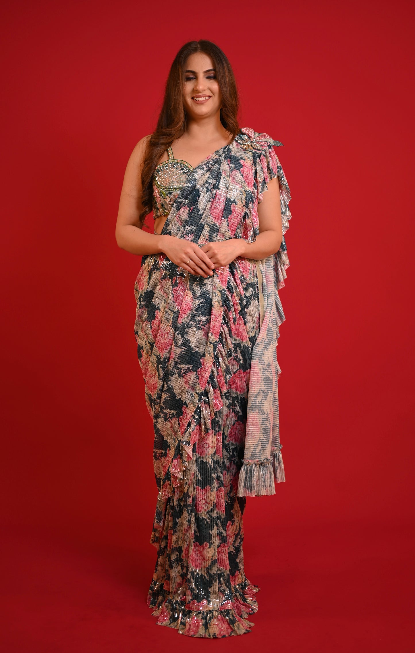 ( DELIVERY IN 25 DAYS ) TEAL GREEN COLOUR SEQUINS NET SAREE WITH READYMADE BLOUSE EMBELLISHED WITH BEADS, CUTDANA & MIRROR WORK