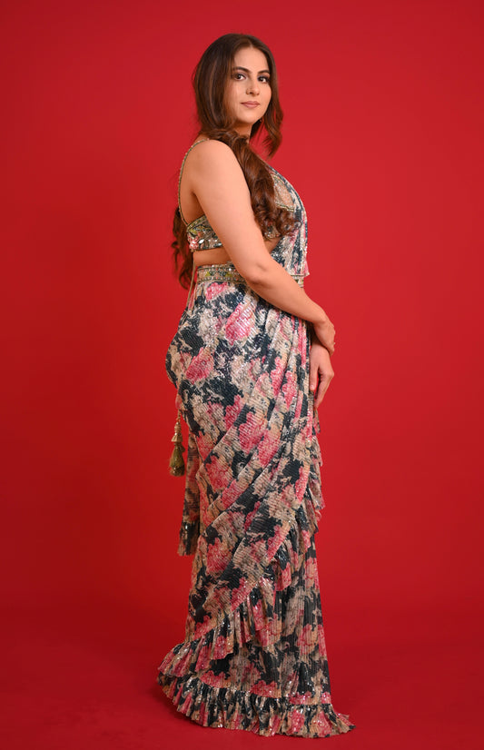 ( DELIVERY IN 25 DAYS ) TEAL GREEN COLOUR SEQUINS NET SAREE WITH READYMADE BLOUSE EMBELLISHED WITH BEADS, CUTDANA & MIRROR WORK