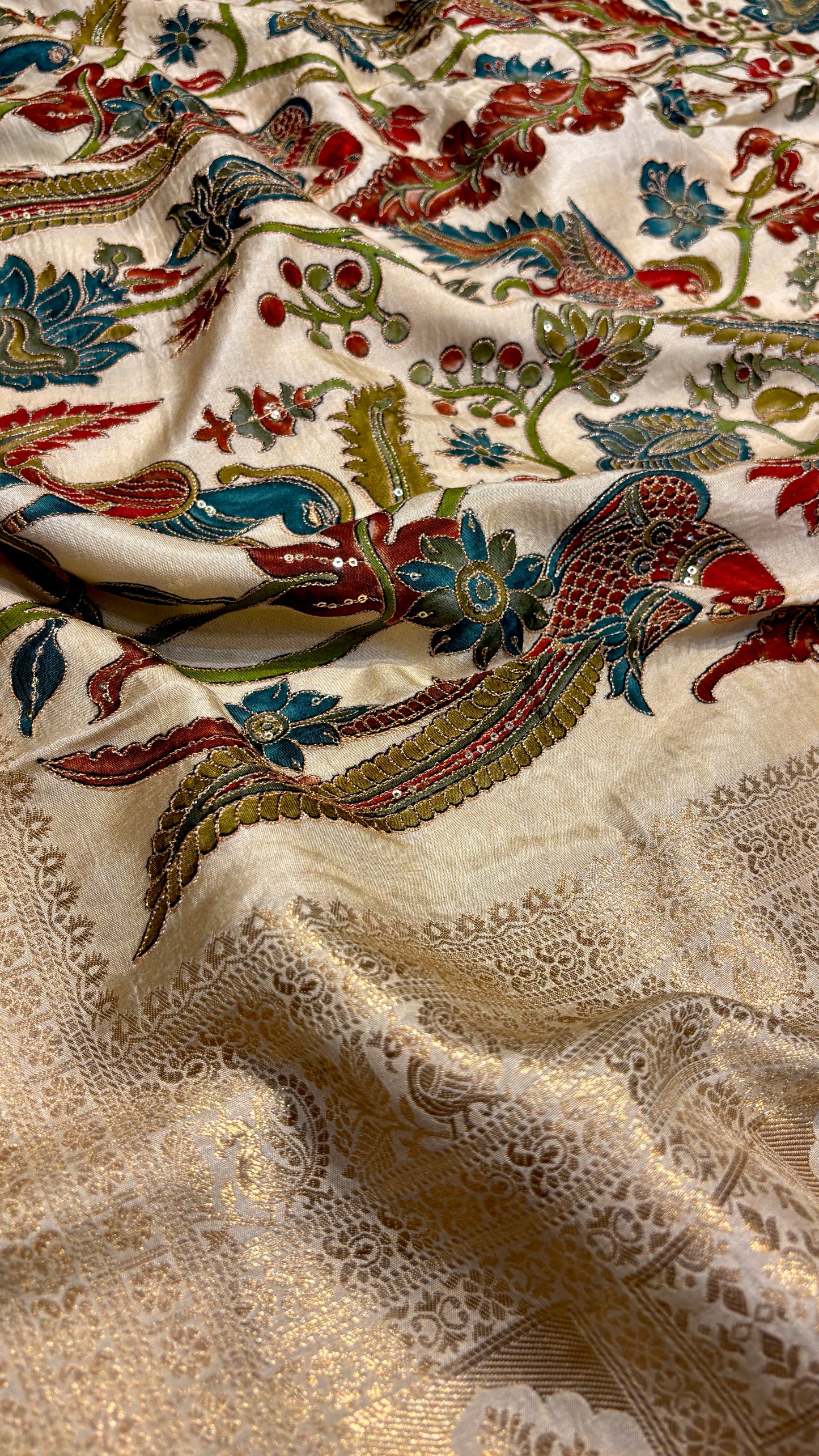 IVORY KALAMKARI KANJIVARAM SAREE WITH EMBROIDERY