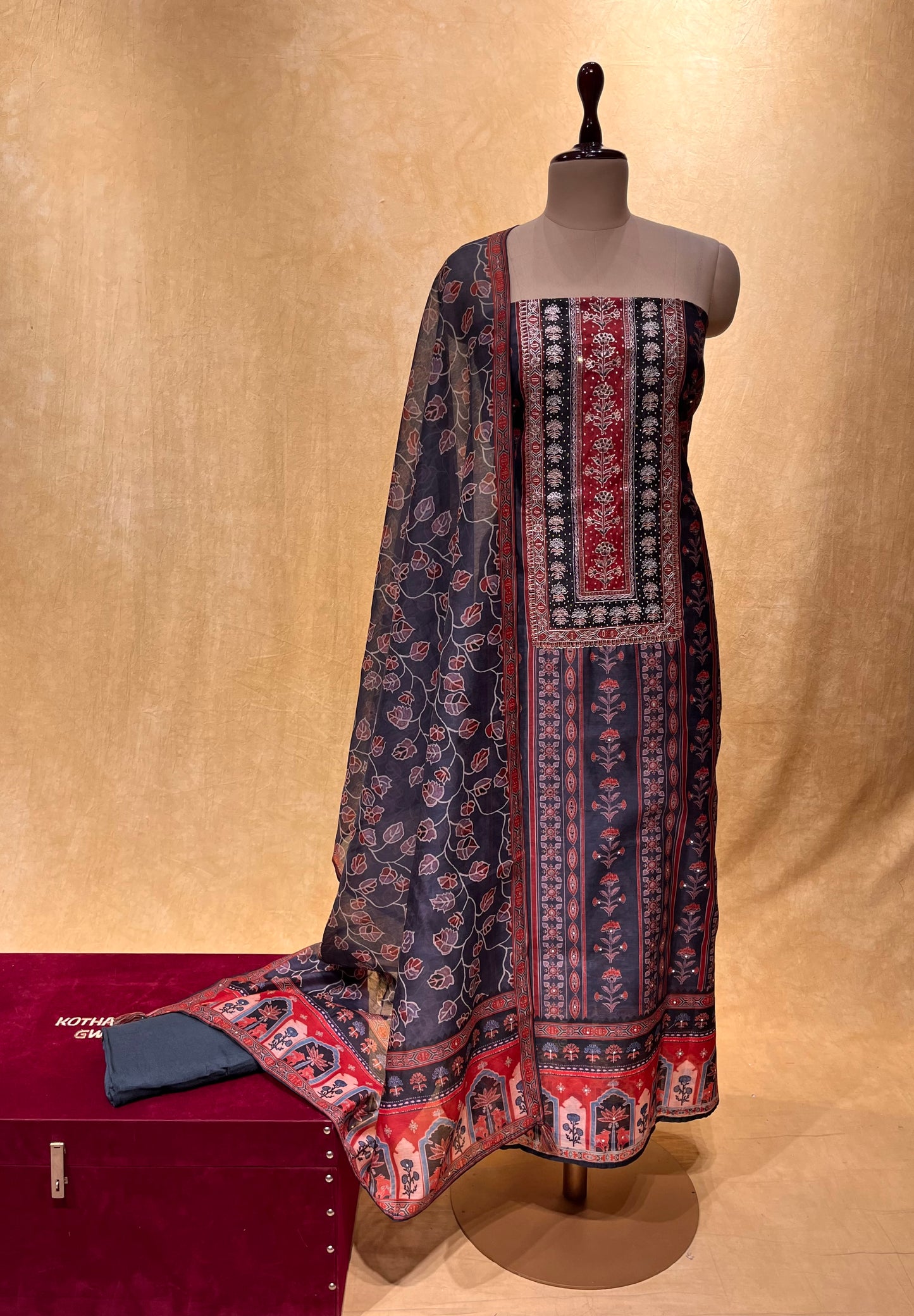 BLACK COLOR CHANDERI EMBROIDERED UNSTITCHED SUIT EMBELLISHED WITH ZARI & SEQUINS WORK