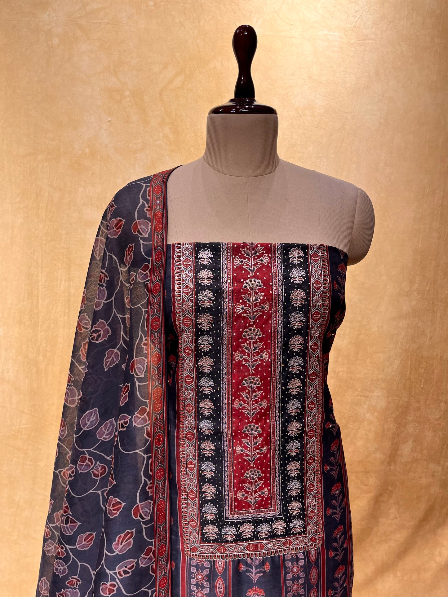 BLACK COLOR CHANDERI EMBROIDERED UNSTITCHED SUIT EMBELLISHED WITH ZARI & SEQUINS WORK