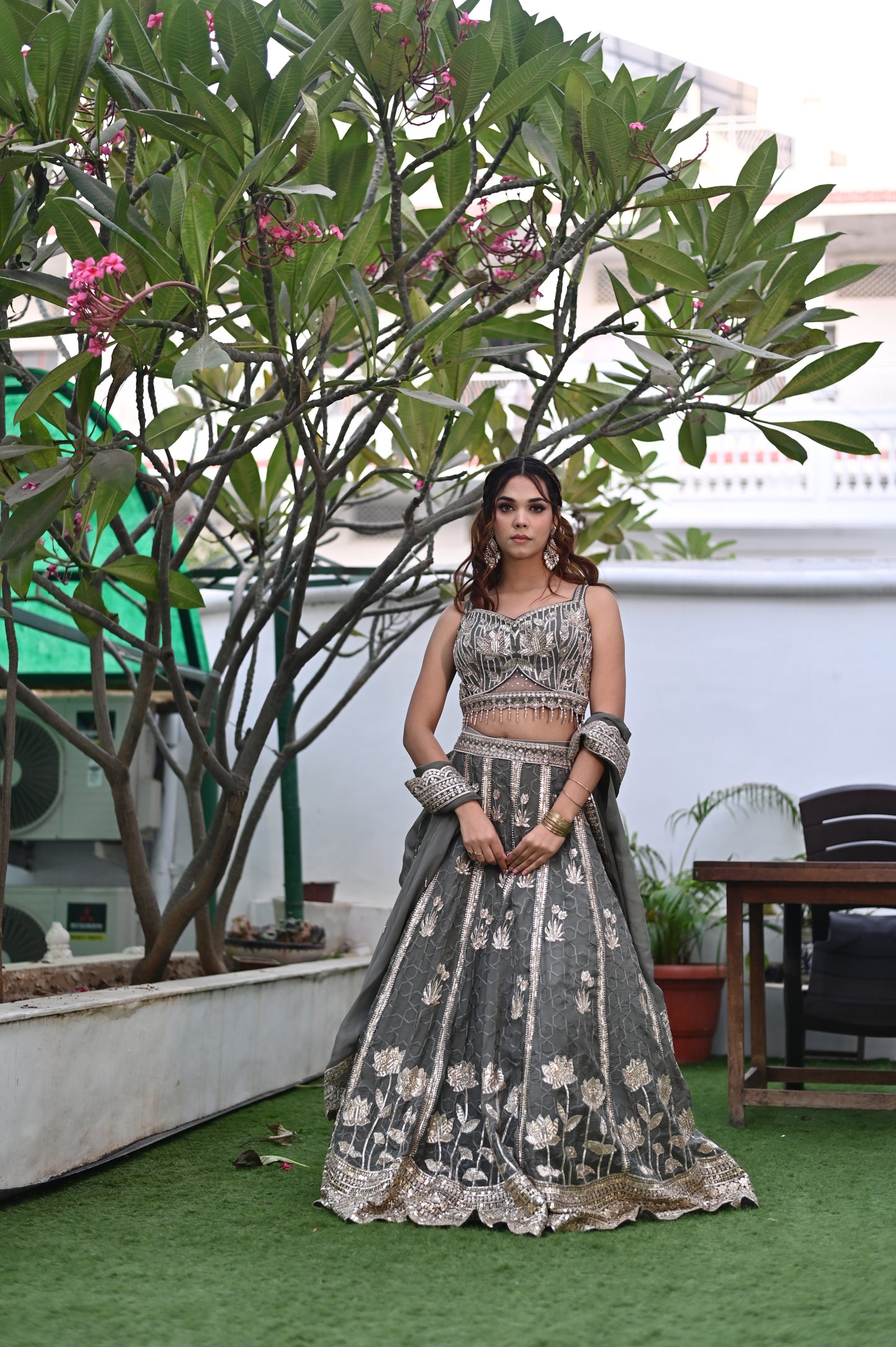 (DELIVERY IN 30 DAYS) GREY COLOUR ORGANZA SKIRT WITH CROP TOP & SHRUG EMBELLISHED WITH SEQUINS, BEADS & RESHAM EMBROIDERY