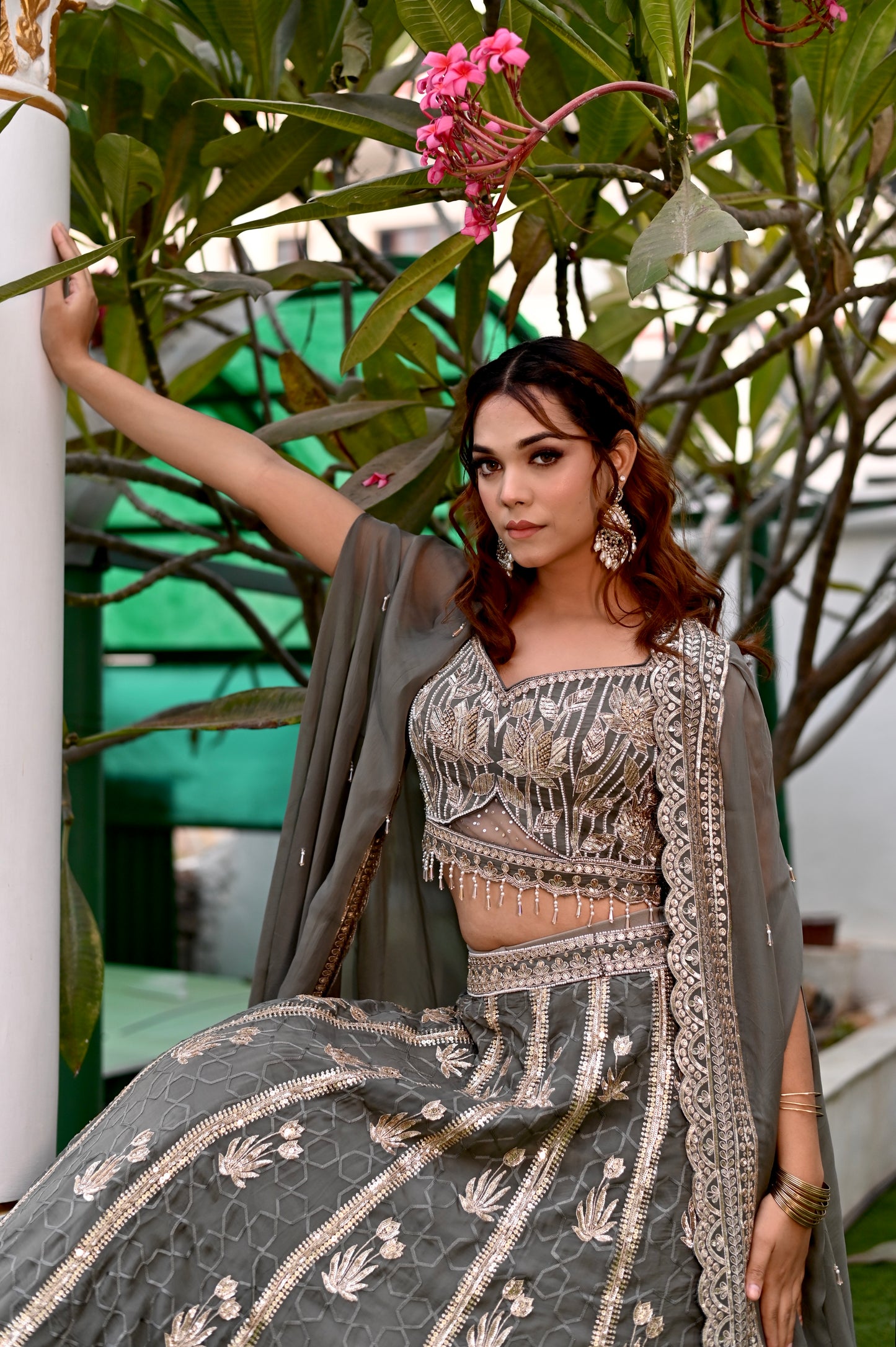 (DELIVERY IN 30 DAYS) GREY COLOUR ORGANZA SKIRT WITH CROP TOP & SHRUG EMBELLISHED WITH SEQUINS, BEADS & RESHAM EMBROIDERY