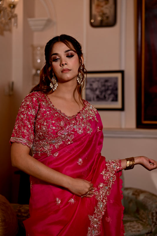 EXQUISITE HOT PINK COLOUR PURE ORGANZA SAREE WITH READYMADE BLOUSE EMBELLISHED WITH ZARDOZI, SEQUINS & BEADS WORK