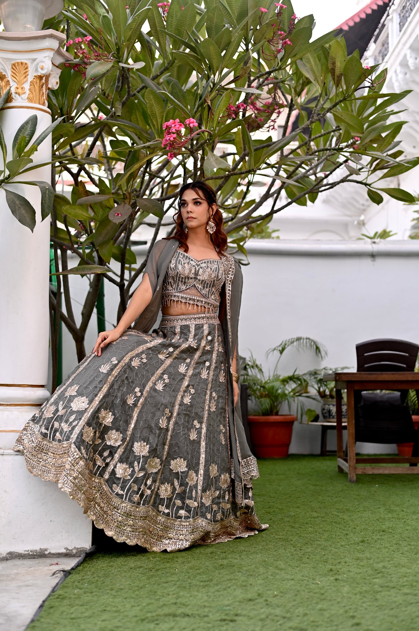 (DELIVERY IN 30 DAYS) GREY COLOUR ORGANZA SKIRT WITH CROP TOP & SHRUG EMBELLISHED WITH SEQUINS, BEADS & RESHAM EMBROIDERY