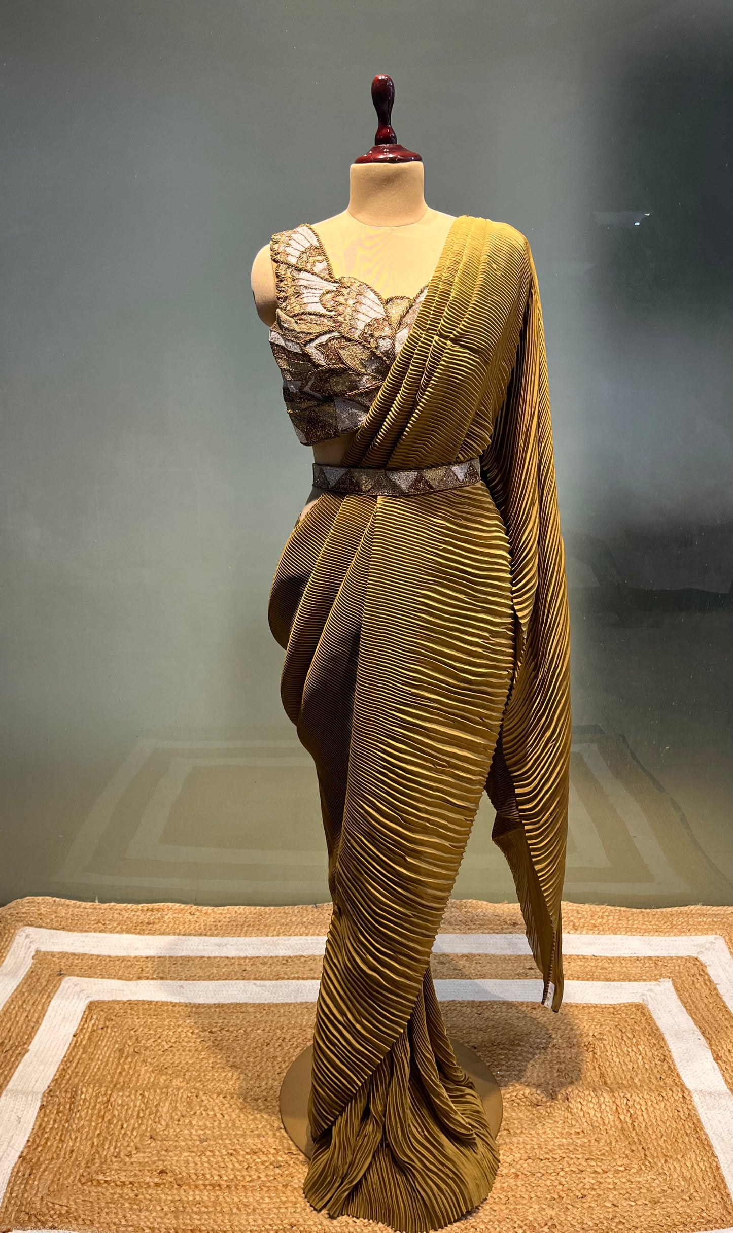 OLIVE COLOUR PLEATED READYMADE SAREE WITH DESIGNER EMBROIDERED BLOUSE