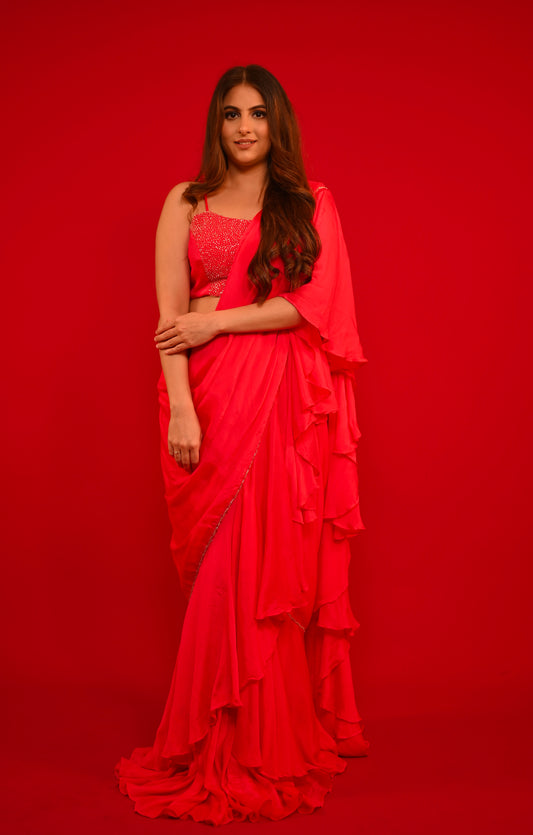 ( DELIVERY IN 20-25 DAYS ) HOT PINK COLOUR CHINON MULTI PURPOSE TWO IN ONE READYMADE SAREE EMBELLISHED WITH CUTDANA WORK ( SAREE WITH BLAZER & PALAZZO PANT )