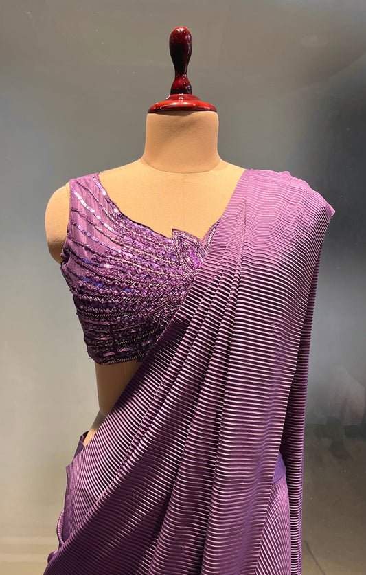 PURPLE COLOUR PLEATED READYMADE SAREE WITH DESIGNER EMBROIDERED BLOUSE