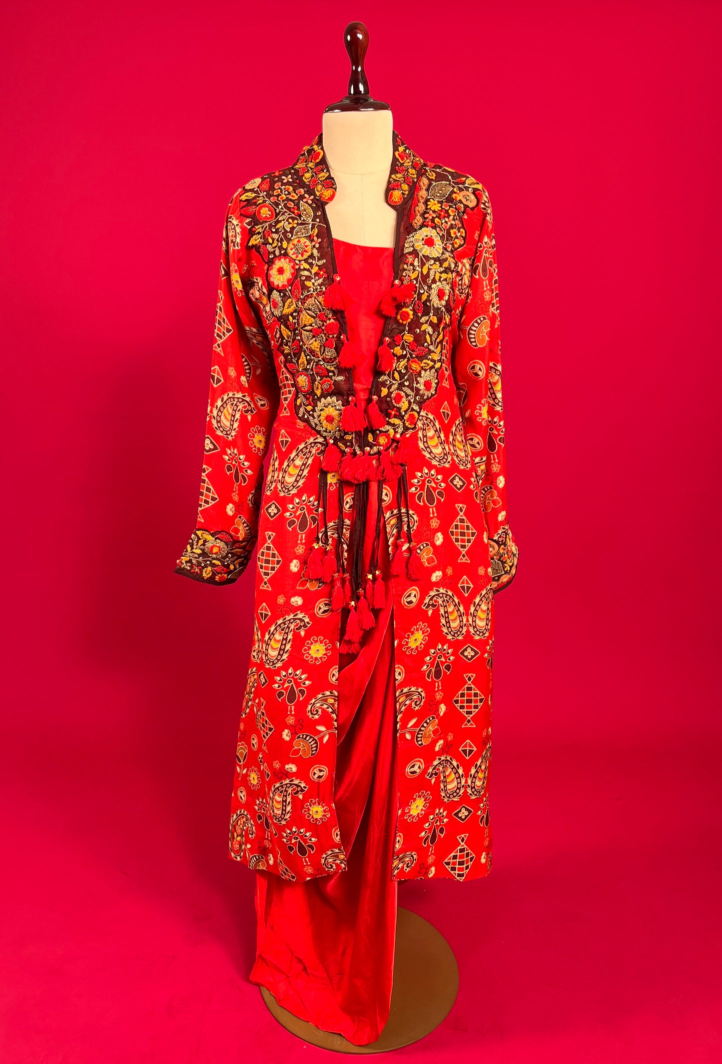 RED COLOUR SATIN SILK INDOWESTERN DRESS WITH EMBROIDERED MUSLIN SILK SHRUG EMBELLISHED WITH RESHAM & BEADS WORK