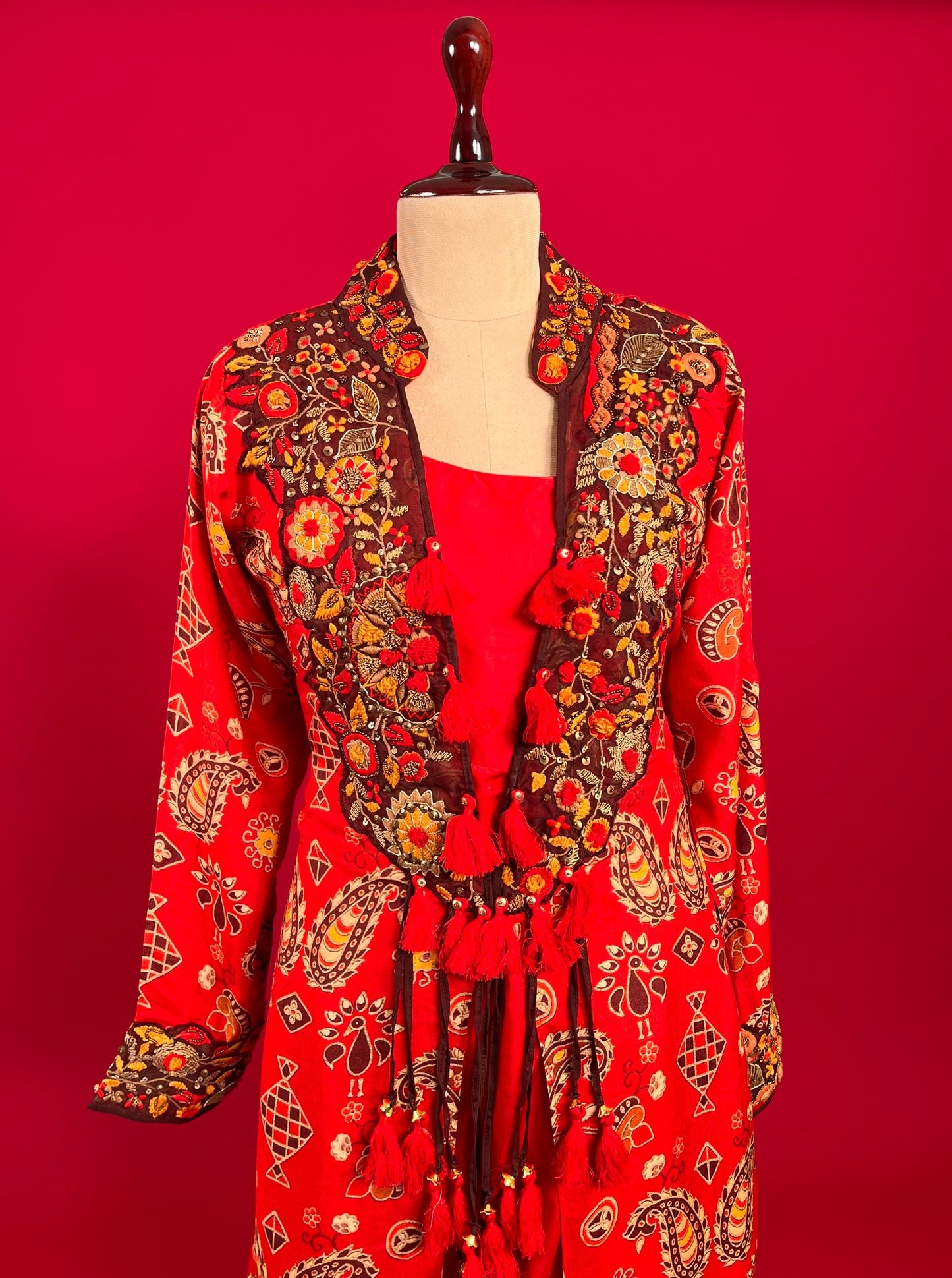 RED COLOUR SATIN SILK INDOWESTERN DRESS WITH EMBROIDERED MUSLIN SILK SHRUG EMBELLISHED WITH RESHAM & BEADS WORK