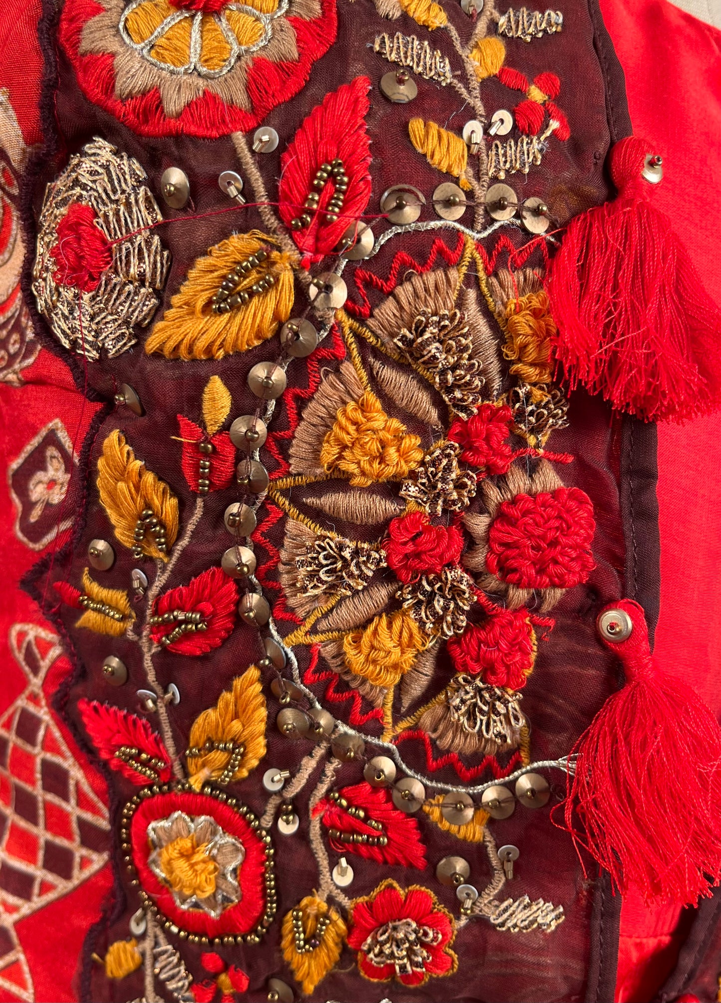 RED COLOUR SATIN SILK INDOWESTERN DRESS WITH EMBROIDERED MUSLIN SILK SHRUG EMBELLISHED WITH RESHAM & BEADS WORK