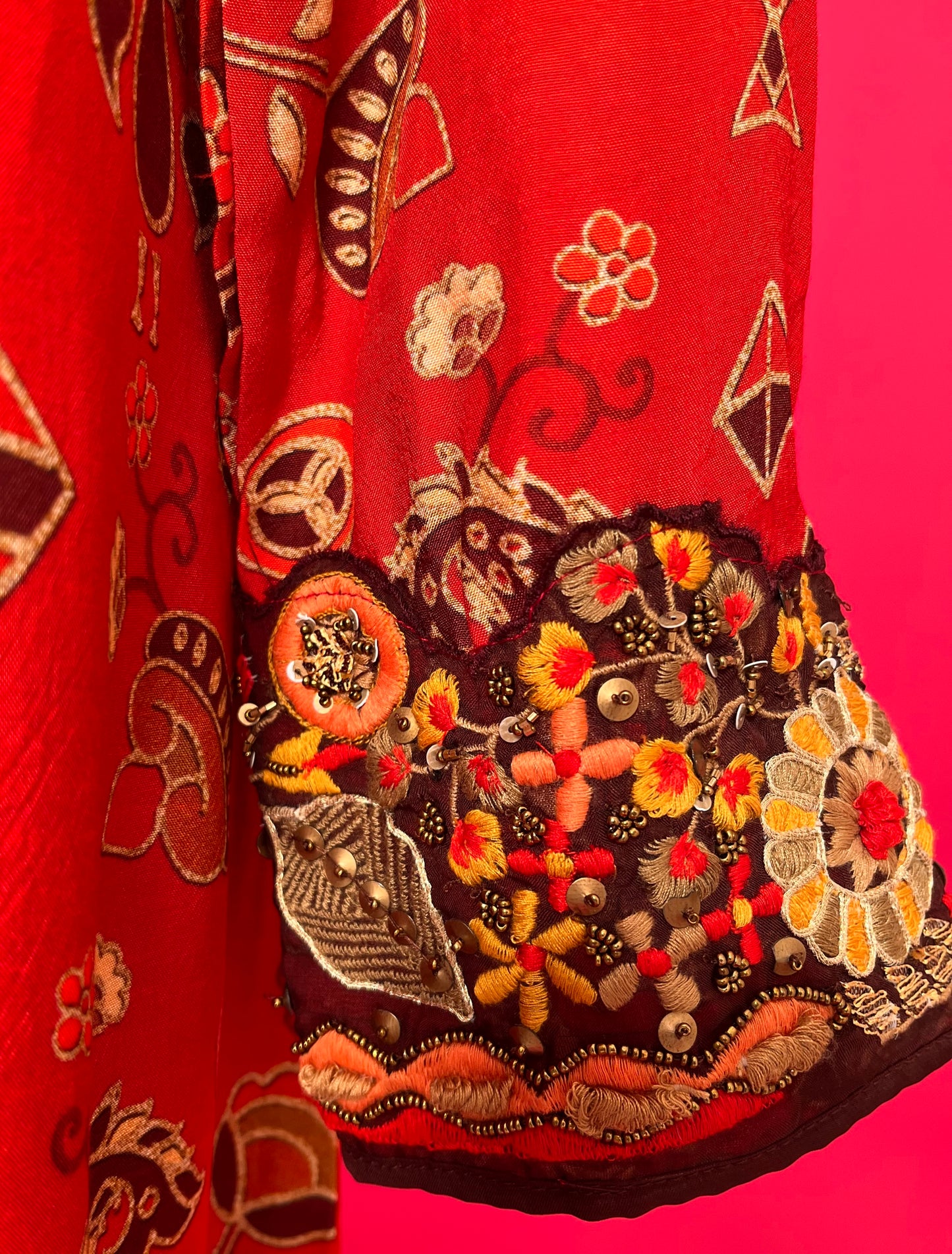 RED COLOUR SATIN SILK INDOWESTERN DRESS WITH EMBROIDERED MUSLIN SILK SHRUG EMBELLISHED WITH RESHAM & BEADS WORK