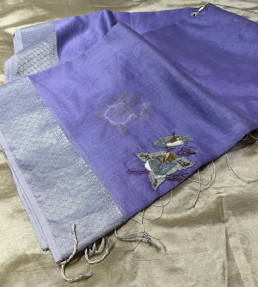 PURPLE COLOUR CHANDERI HAND EMBROIDERED SAREE
