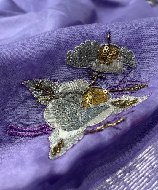 PURPLE COLOUR CHANDERI HAND EMBROIDERED SAREE