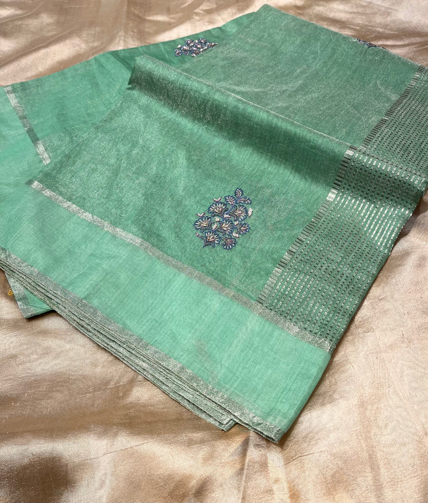CHANDERI TISSUE HAND EMBROIDERED SAREE EMBELLISHED WITH BEADS & ZARDOZI WORK