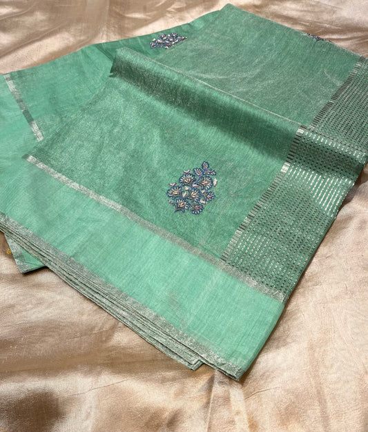 CHANDERI TISSUE HAND EMBROIDERED SAREE EMBELLISHED WITH BEADS & ZARDOZI WORK