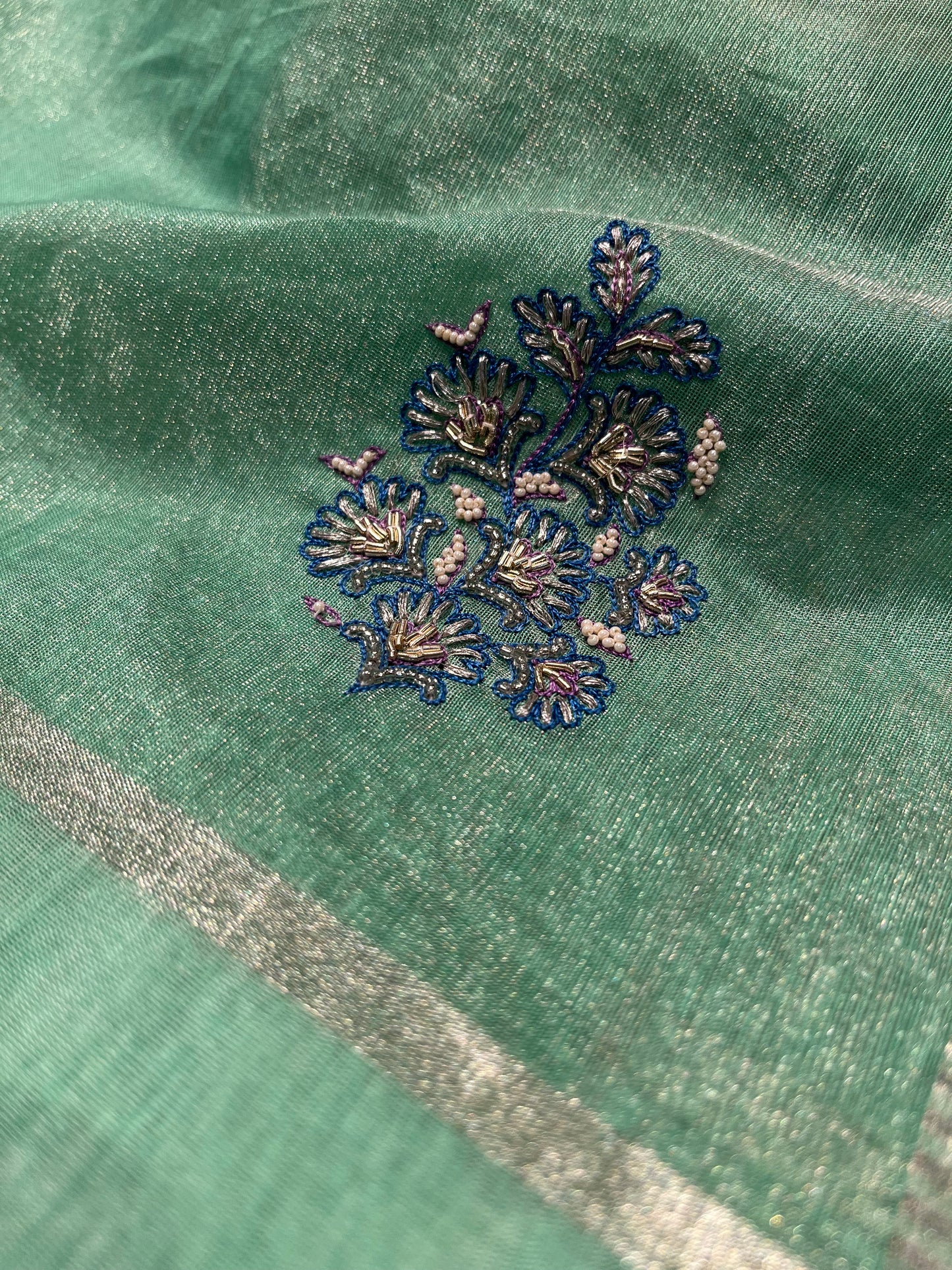 CHANDERI TISSUE HAND EMBROIDERED SAREE EMBELLISHED WITH BEADS & ZARDOZI WORK