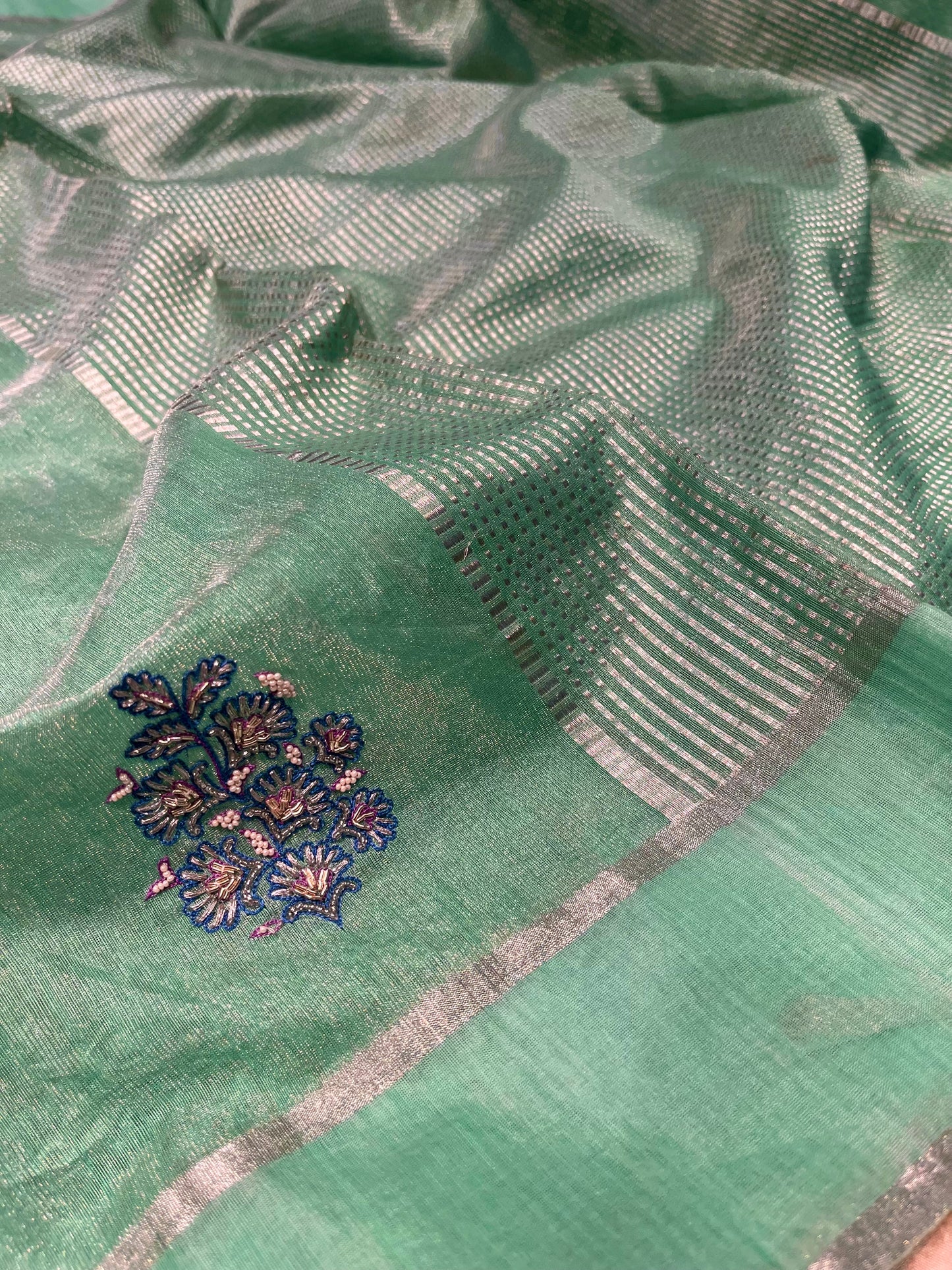 CHANDERI TISSUE HAND EMBROIDERED SAREE EMBELLISHED WITH BEADS & ZARDOZI WORK