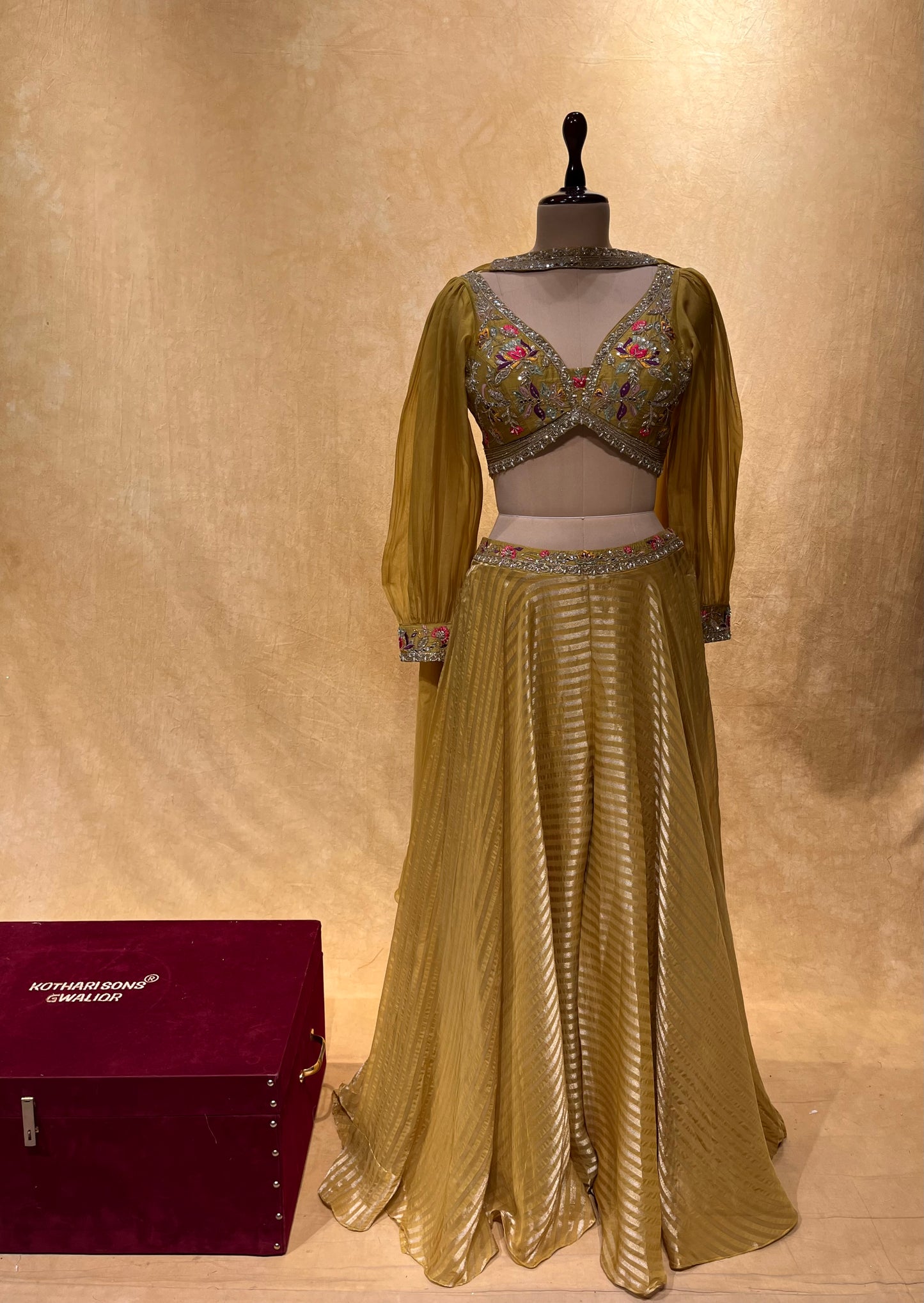 MEHENDI GREEN COLOUR CROP TOP WITH PLAZZO & DUPATTA EMBELLISHED WITH SEQUINS, CUTDANA & RESHAM EMBROIDERY ( INDO WESTERN OUTFITS )