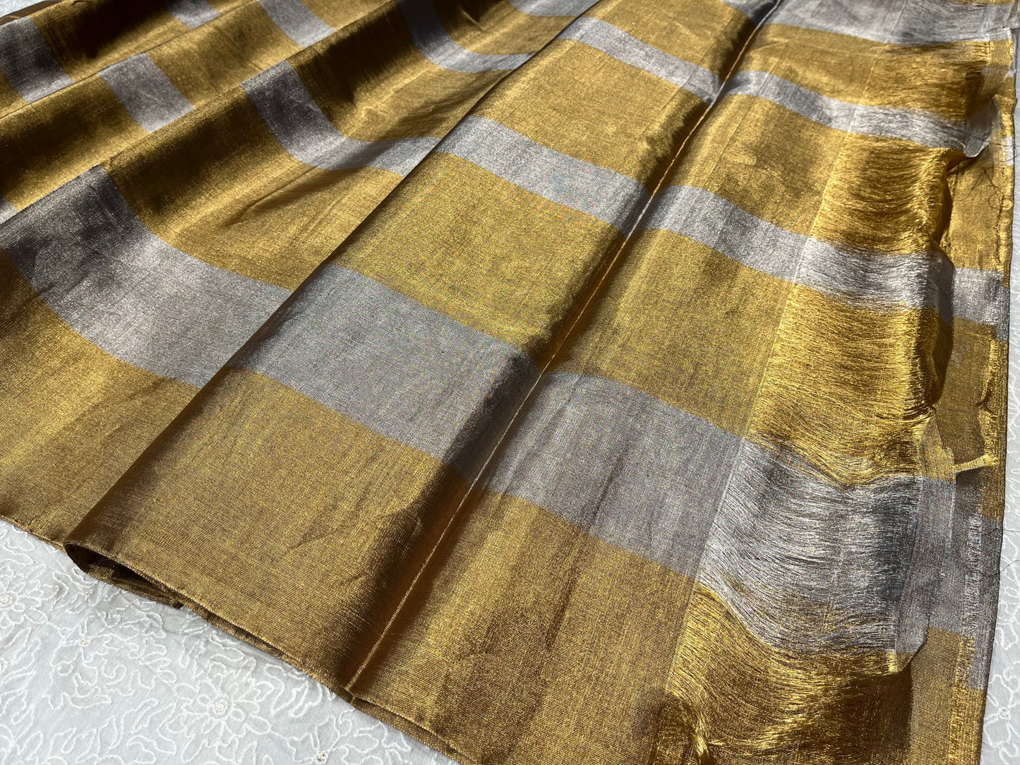 GOLDEN & SILVER STRIPED PURE CHANDERI TISSUE HANDLOOM SAREE WITHOUT BLOUSE