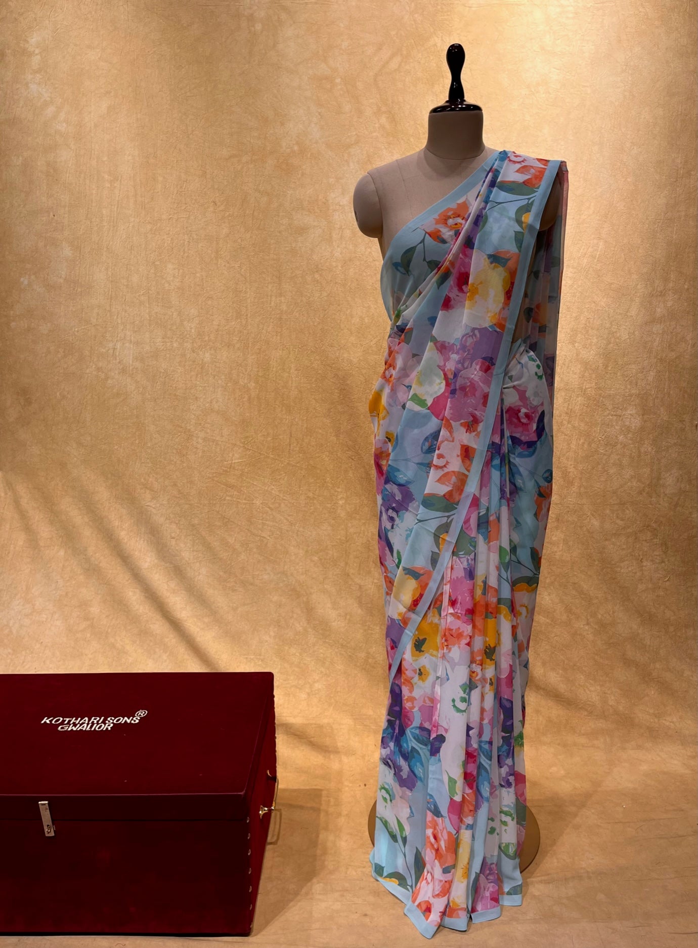 ( DELIVERY IN 25 DAYS ) AQUA COLOUR PURE GEORGETTE PRINTED SAREE