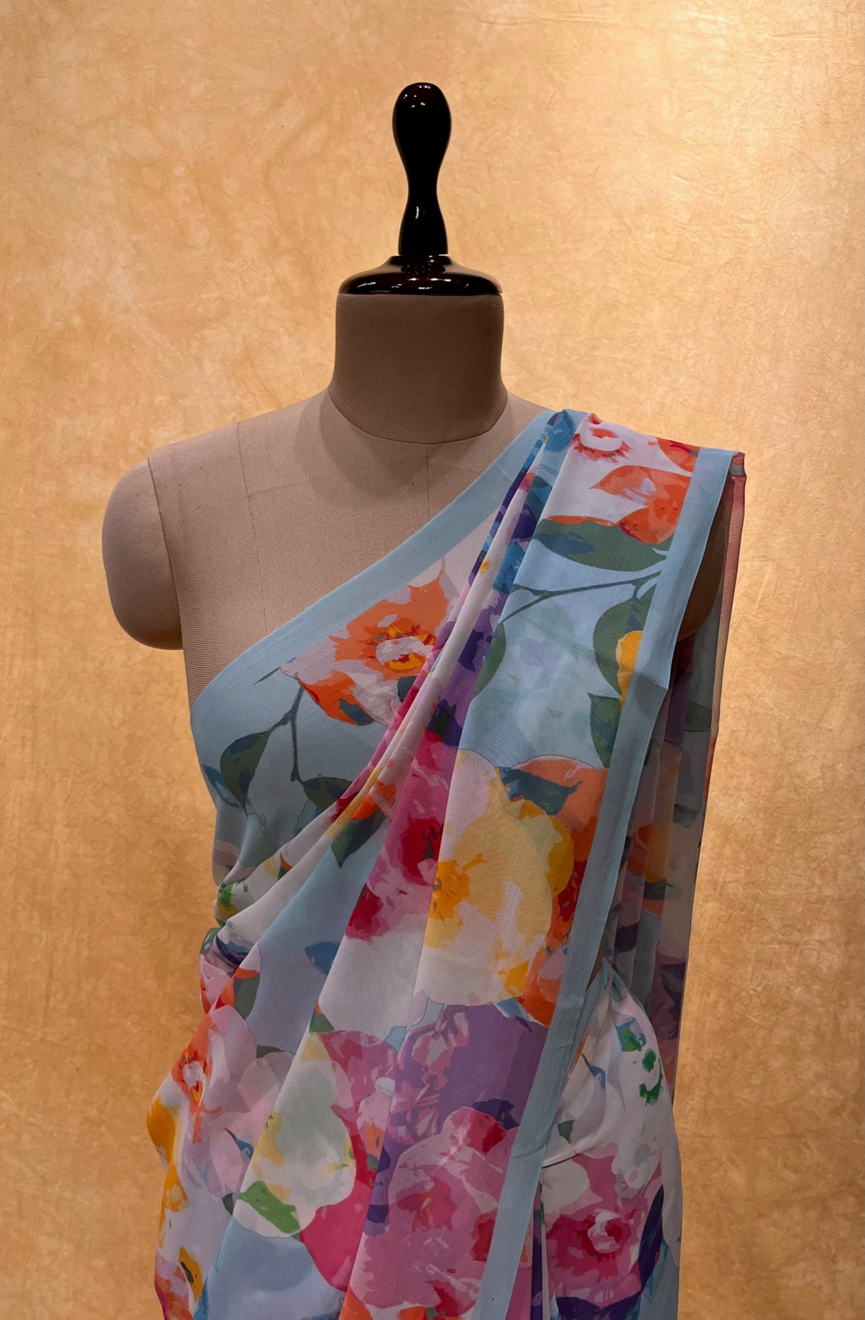 ( DELIVERY IN 25 DAYS ) AQUA COLOUR PURE GEORGETTE PRINTED SAREE