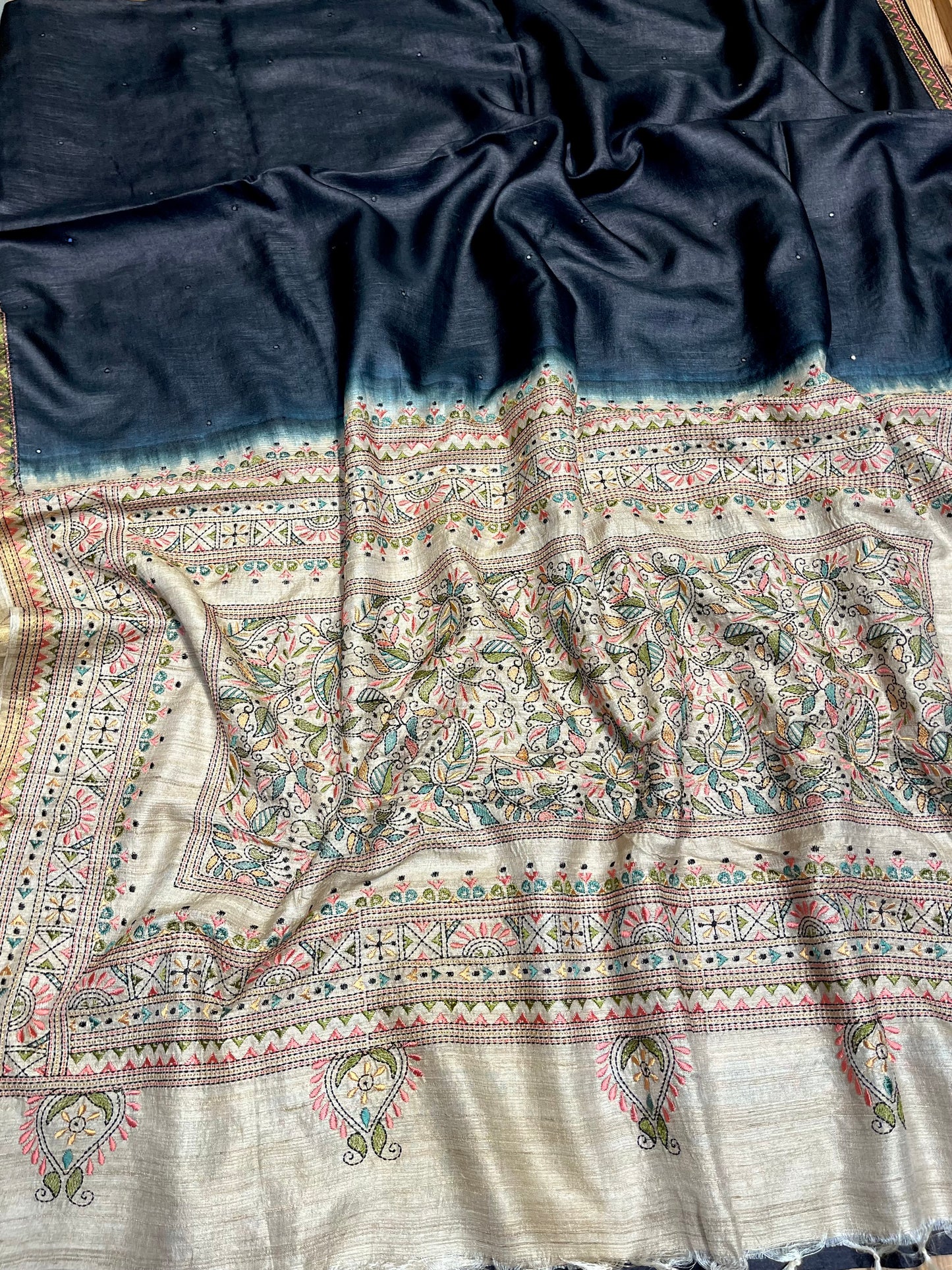BLACK COLOUR TUSSAR SILK SAREE EMBELLISHED WITH KANTHA EMBROIDERY