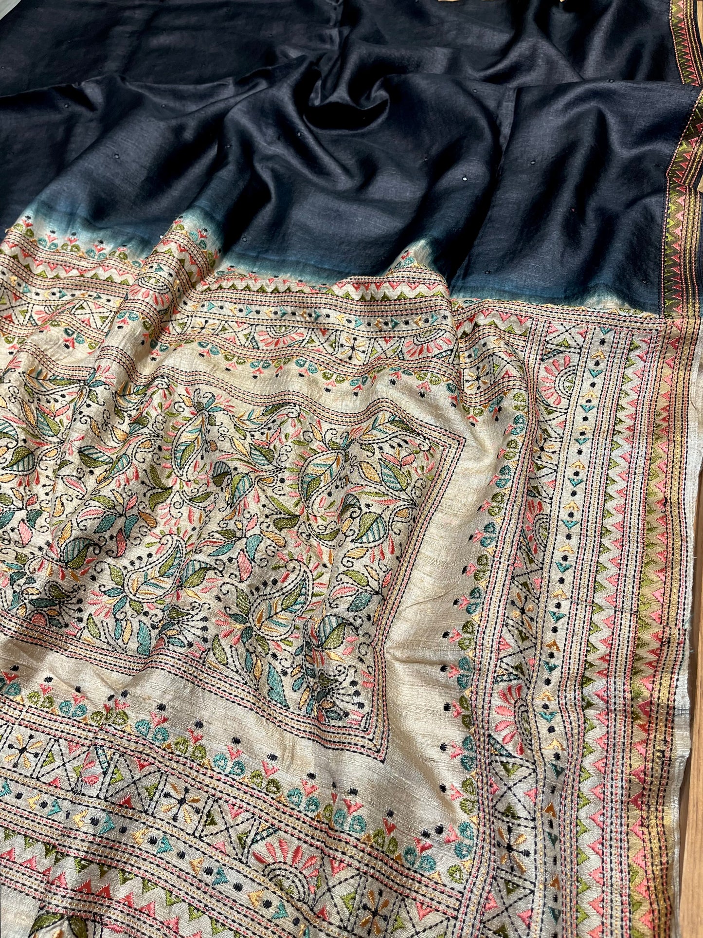 BLACK COLOUR TUSSAR SILK SAREE EMBELLISHED WITH KANTHA EMBROIDERY