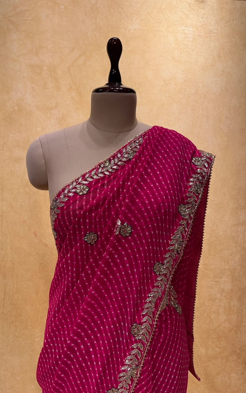 PINK COLOUR GEORGETTE LEHERIYA EMBROIDERED SAREE EMBELLISHED WITH CUTDANA & GOTA PATTI WORK