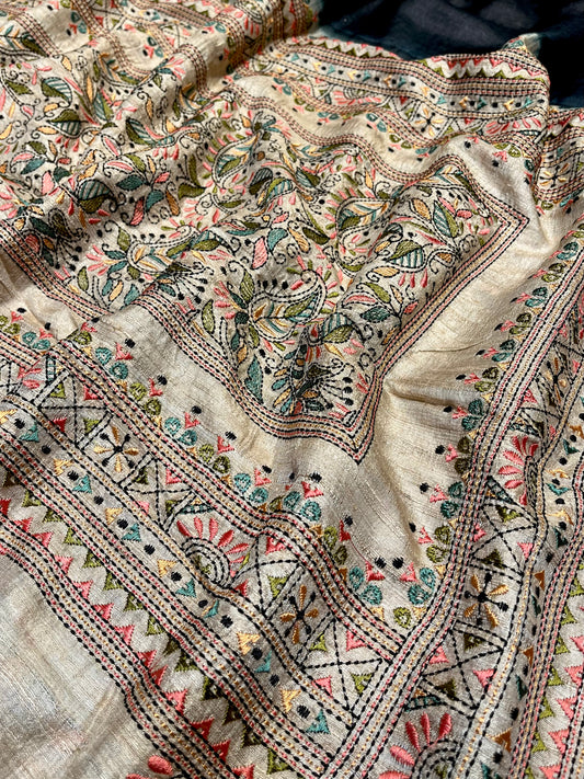 BLACK COLOUR TUSSAR SILK SAREE EMBELLISHED WITH KANTHA EMBROIDERY