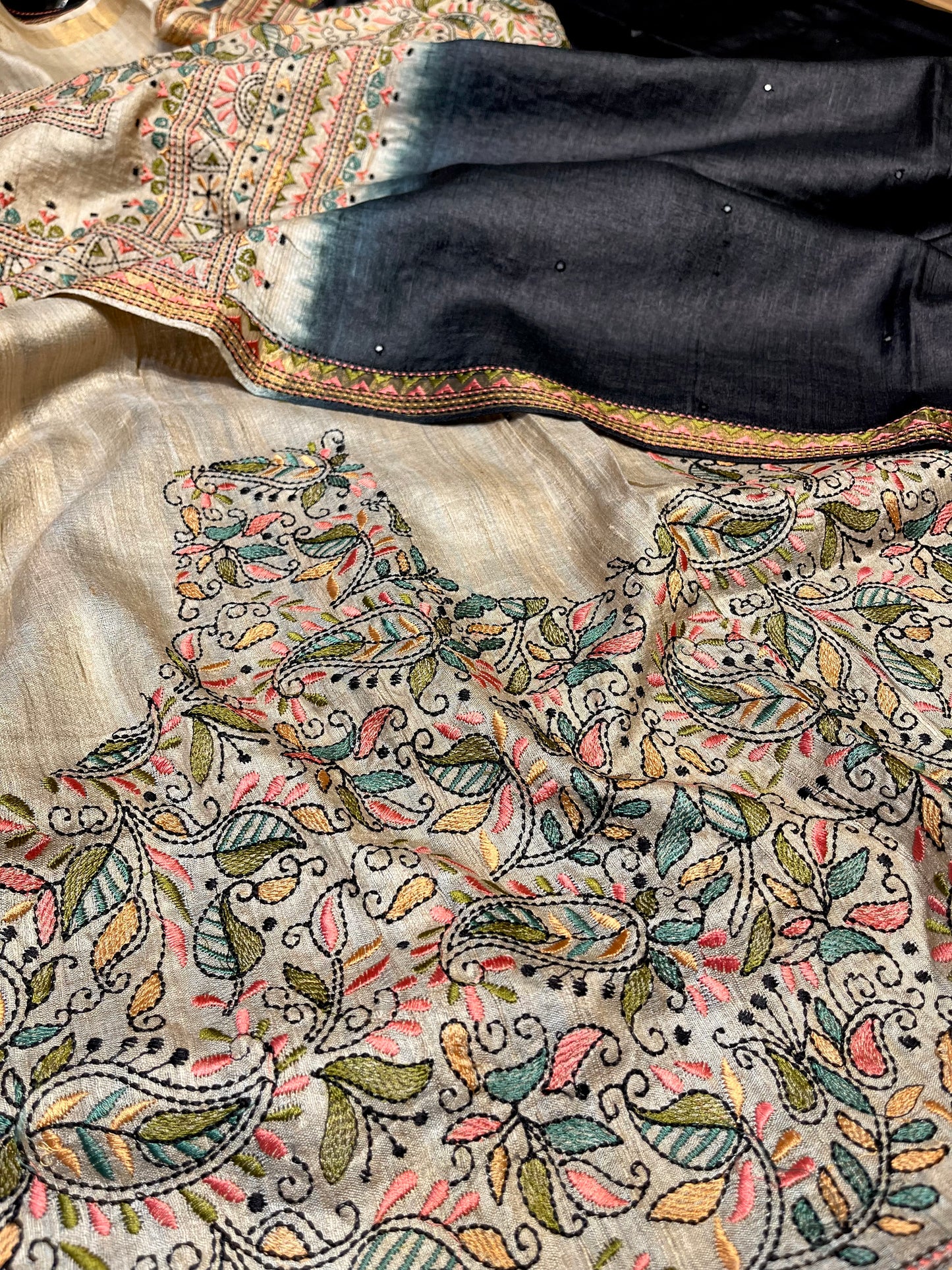 BLACK COLOUR TUSSAR SILK SAREE EMBELLISHED WITH KANTHA EMBROIDERY
