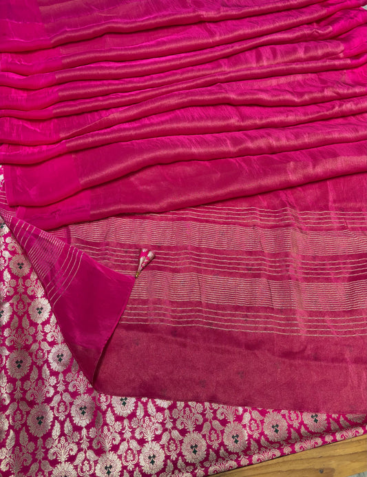 PINK COLOUR PLANT BASED CREPE TISSUE SAREE WITH BROCADE BANARASI BLOUSE