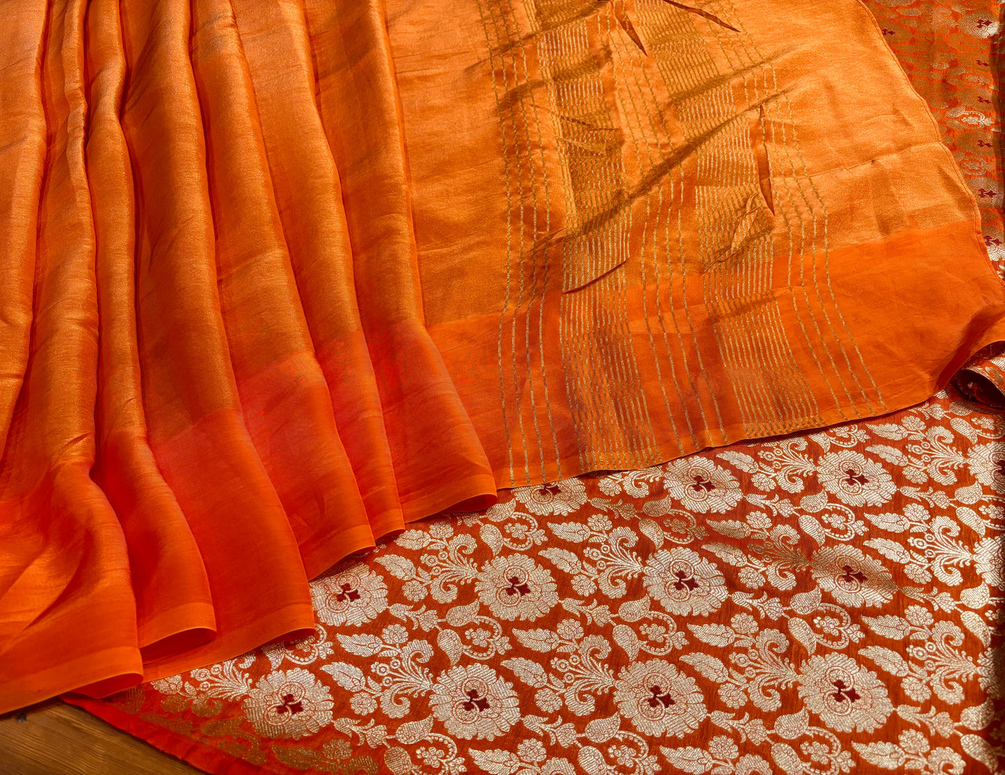 ORANGE COLOUR PLANT BASED CREPE TISSUE SAREE WITH BROCADE BANARASI BLOUSE