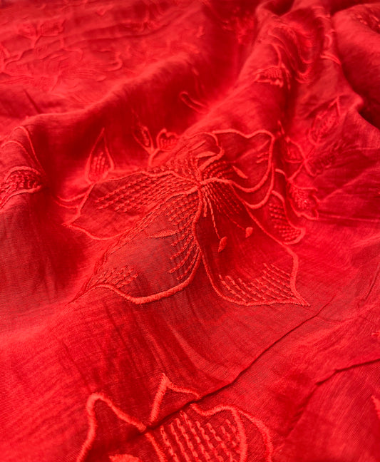 RED COLOUR, MUL CHANDERI RESHAM EMBROIDERED SAREE & SCALLOP BORDER BY SIDDHAIKA - Kothari Sons
