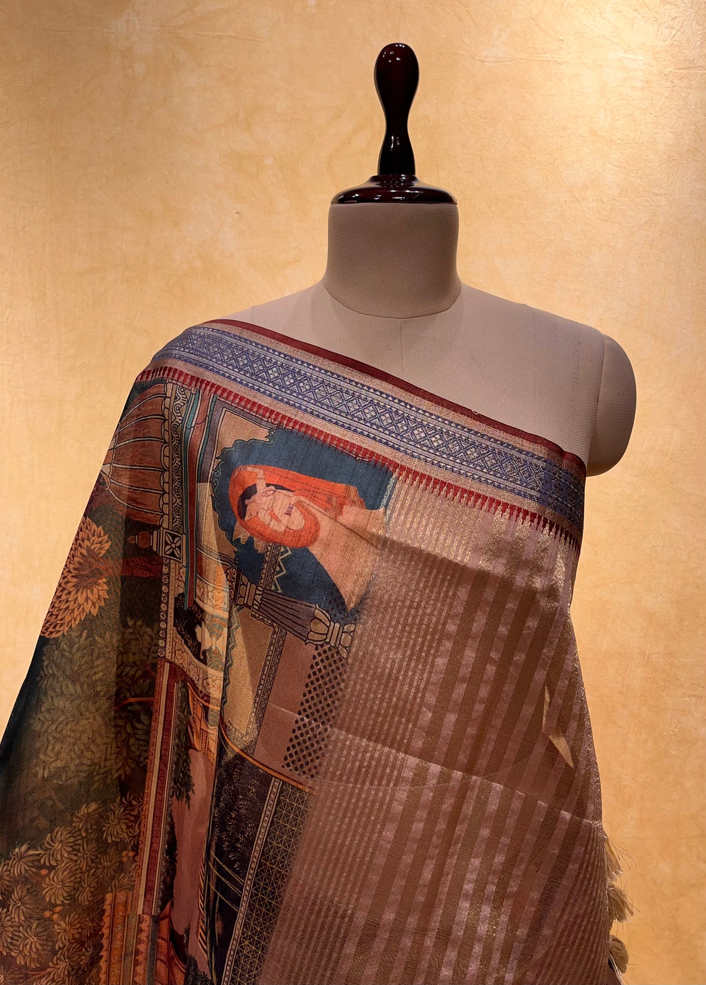BROWN SEMI TUSSAR PICHWAI PRINT SILK SAREE